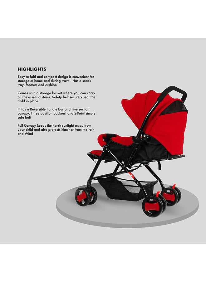 BABY PLUS - Multifunctional Pram Stroller With Built-In Canopy And Basket, 2-Point Simple Safe Belt, Newborn - Red - Image 1
