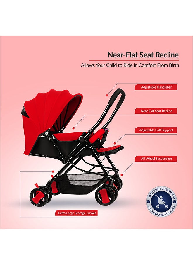 BABY PLUS - Multifunctional Pram Stroller With Built-In Canopy And Basket, 2-Point Simple Safe Belt, Newborn - Red - Image 1