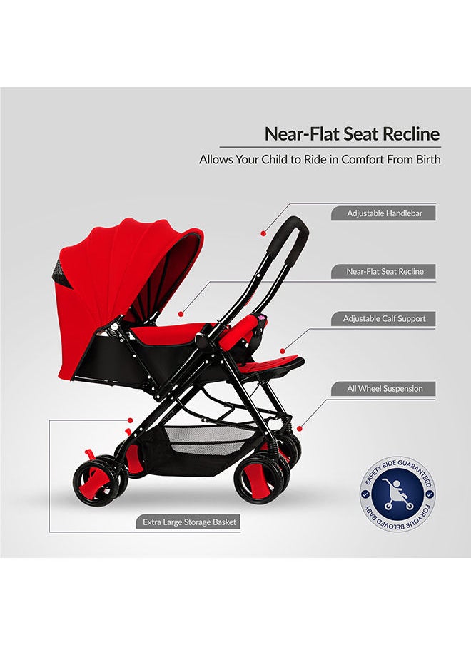 BABY PLUS - Multifunctional Pram Stroller With Built-In Canopy And Basket, 2-Point Simple Safe Belt, Newborn - Red - Image 1