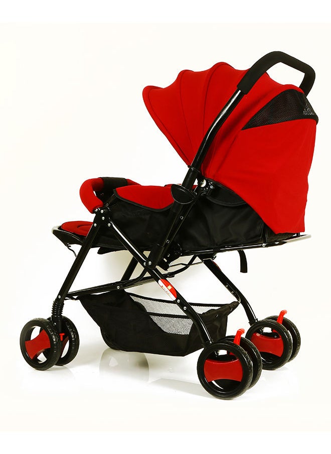 BABY PLUS - Multifunctional Pram Stroller With Built-In Canopy And Basket, 2-Point Simple Safe Belt, Newborn - Red - Image 1