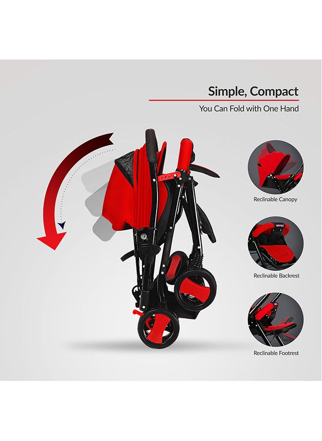 BABY PLUS - Multifunctional Pram Stroller With Built-In Canopy And Basket, 2-Point Simple Safe Belt, Newborn - Red - Image 1