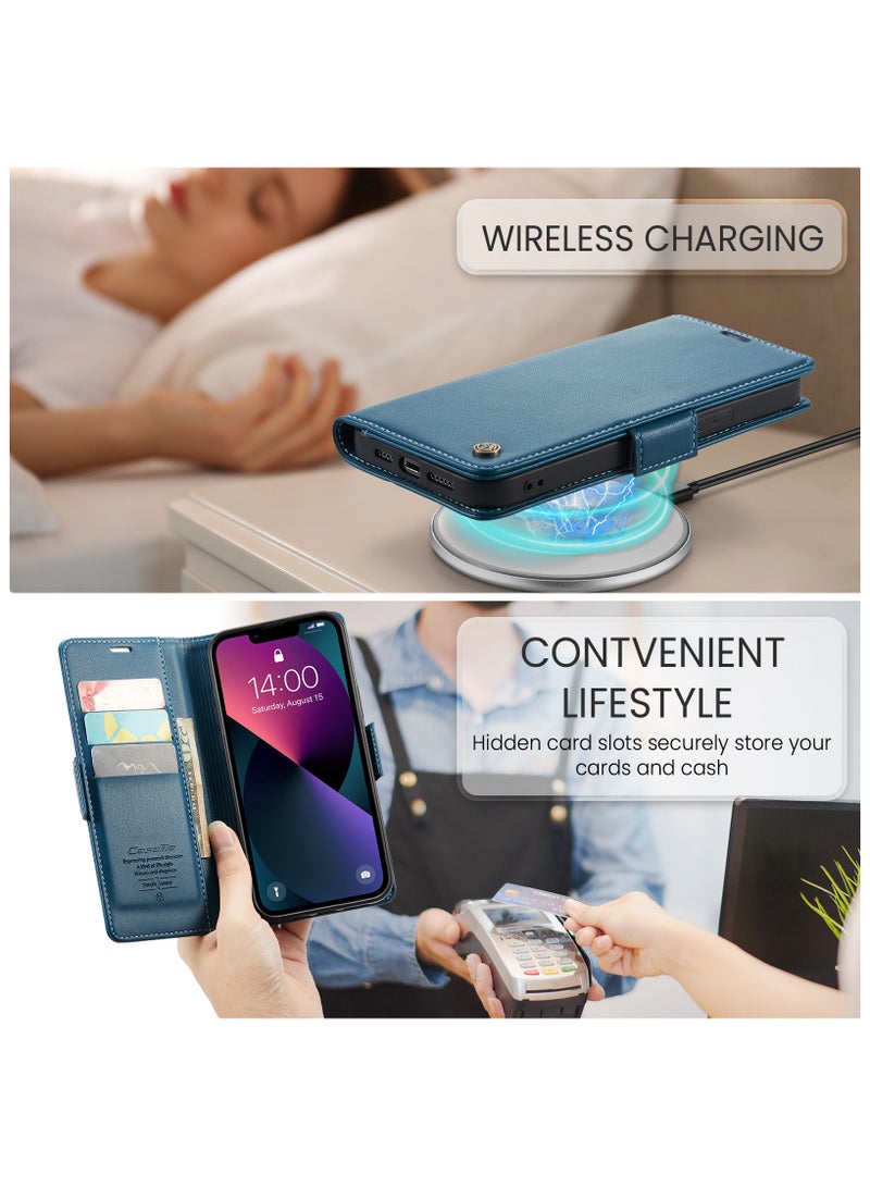 Flip Wallet Case for iPhone 14, Leather Magnetic Attachment Flip Case Blue - Image 5