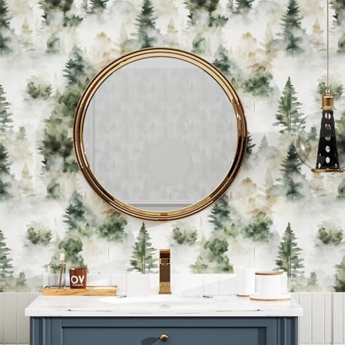 Fvlow Foggy Forest Wallpaper Peel and Stick 17.4" x 393" Misty Woodland Green/Yellow Trees Contact Paper Waterproof Self-Adhesive Wall Paper for Bedroom Countertop Desk Cabinets Decor Renter Friendly - Image 2