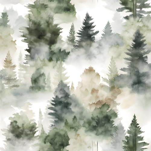 Fvlow Foggy Forest Wallpaper Peel and Stick 17.4" x 393" Misty Woodland Green/Yellow Trees Contact Paper Waterproof Self-Adhesive Wall Paper for Bedroom Countertop Desk Cabinets Decor Renter Friendly - Image 1