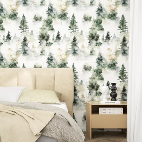 Fvlow Foggy Forest Wallpaper Peel and Stick 17.4" x 393" Misty Woodland Green/Yellow Trees Contact Paper Waterproof Self-Adhesive Wall Paper for Bedroom Countertop Desk Cabinets Decor Renter Friendly - Image 5