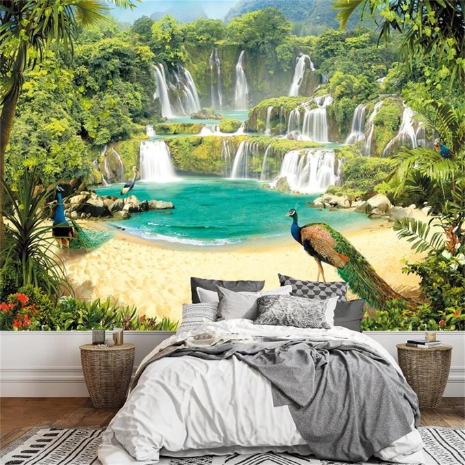 3D PEACOCK WATERFALL LANDSCAPE SELFADHESIVE WALLPAPER 1417X984 WALL MURAL PEEL AND STICK LARGE POSTER PAINTING FOR BEDROOM LIVING ROOM DECOR