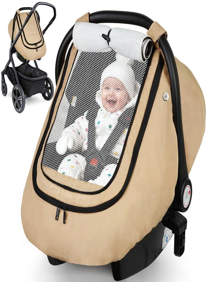Rquite Car Seat Cover Baby, Winter Carseat Covers Boy Girl, Waterproof Infant Car Seat Cover Warm Car Seat Canopy for Cold Weather, Windproof Baby Carrier/Stroller Cover with 2 Layers Windows, Khak - Image 1
