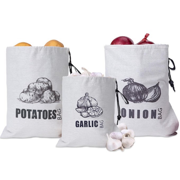 POTATO ONION GARLIC STORAGE BAG FABRIC ONION AND POTATOES STORAGE BAG WASHABLE GARLIC POTATOES ONIONS KEEPER WITH DRAWSTRING 3 PACK GARLIC ONION POTATO BAG