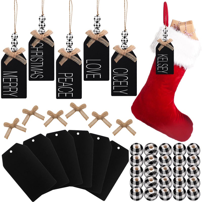 Junkin 12 Set Christmas Stocking Name Tags Farmhouse Christmas Ornaments Hanging DIY Unfinished Personalized Blank Bead Wooden Xmas Gift Tags for Christmas Decorations(4.5 x 2.6'' Black and White) - Image 1