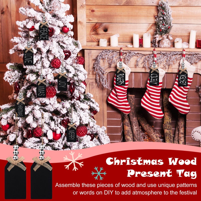 Junkin 12 Set Christmas Stocking Name Tags Farmhouse Christmas Ornaments Hanging DIY Unfinished Personalized Blank Bead Wooden Xmas Gift Tags for Christmas Decorations(4.5 x 2.6'' Black and White) - Image 3