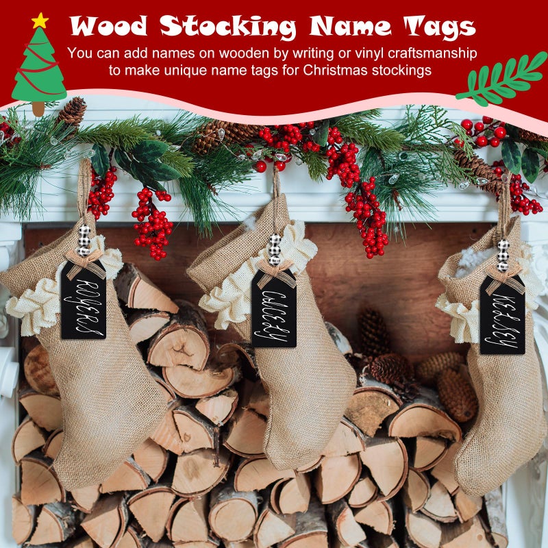 Junkin 12 Set Christmas Stocking Name Tags Farmhouse Christmas Ornaments Hanging DIY Unfinished Personalized Blank Bead Wooden Xmas Gift Tags for Christmas Decorations(4.5 x 2.6'' Black and White) - Image 4