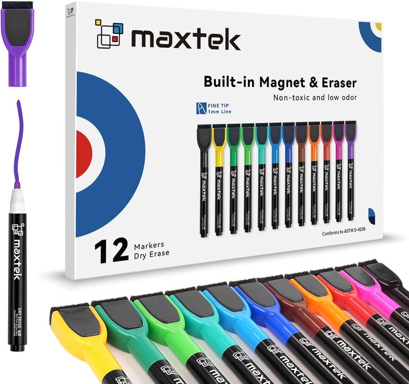 maxtek Multi-use upgraded craftsmanship Whiteboard Pens Magentic, Fine Tip Dry Wipe Pens, Assorted Colours, White Board Markers Erasable with Eraser, Low Odour Thin Whiteboard Pens Non sticky surface - Image 1
