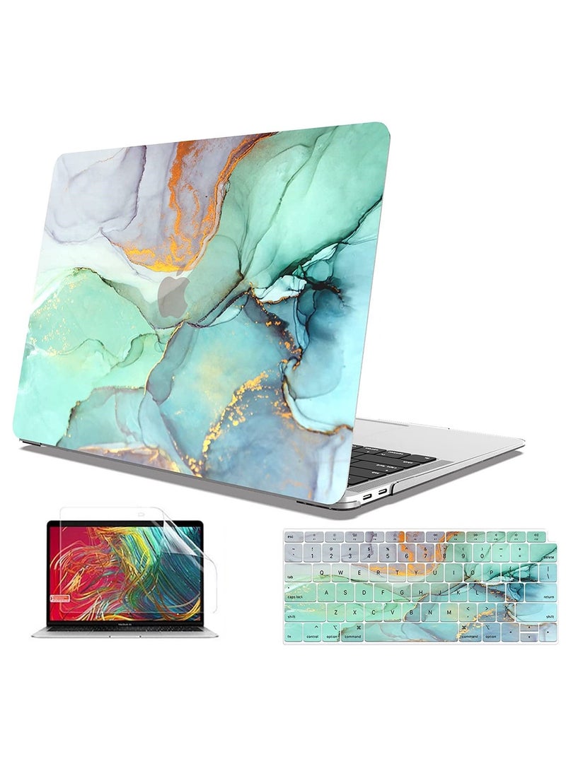 أمم حافظة صلبة بتصميم أمريكي غطاء لوحة مفاتيح واقي للشاشة متوافق مع ماك بوك نيو اير 13 بوصة مع شاشة شبكية العين ومعرف اللمس موديل ايه 1932 إصدار 2018/2019 رخام أخضر ملون - Image 1