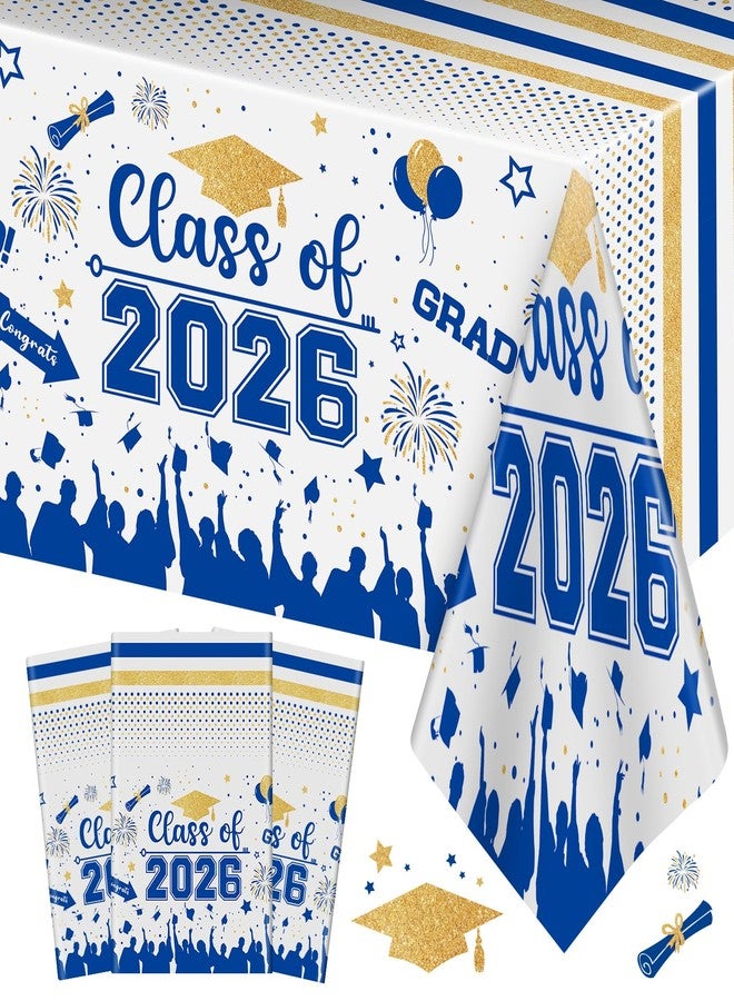PERFQU Graduation Decorations Class of 2026 Tablecloth - 3 Pcs Plastic Congrats Grad Table Cloth, Graduation Table Cover for Graduations Party Decorations 2026 and Party Supplies, 54"x108" (Blue and Gold) - Image 1