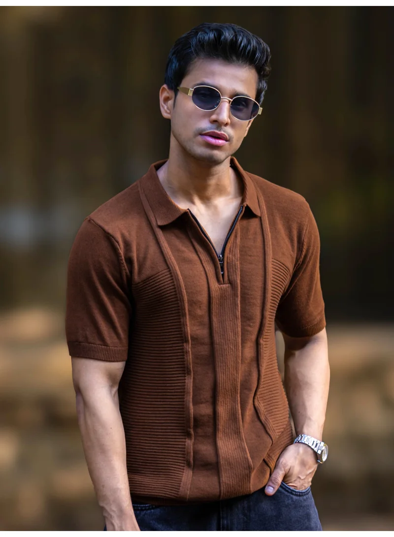 Maniac  Maniac Mens textured half zipper half sleeve polo neck brown slim fit t-shirt for Men | Best Price UAE