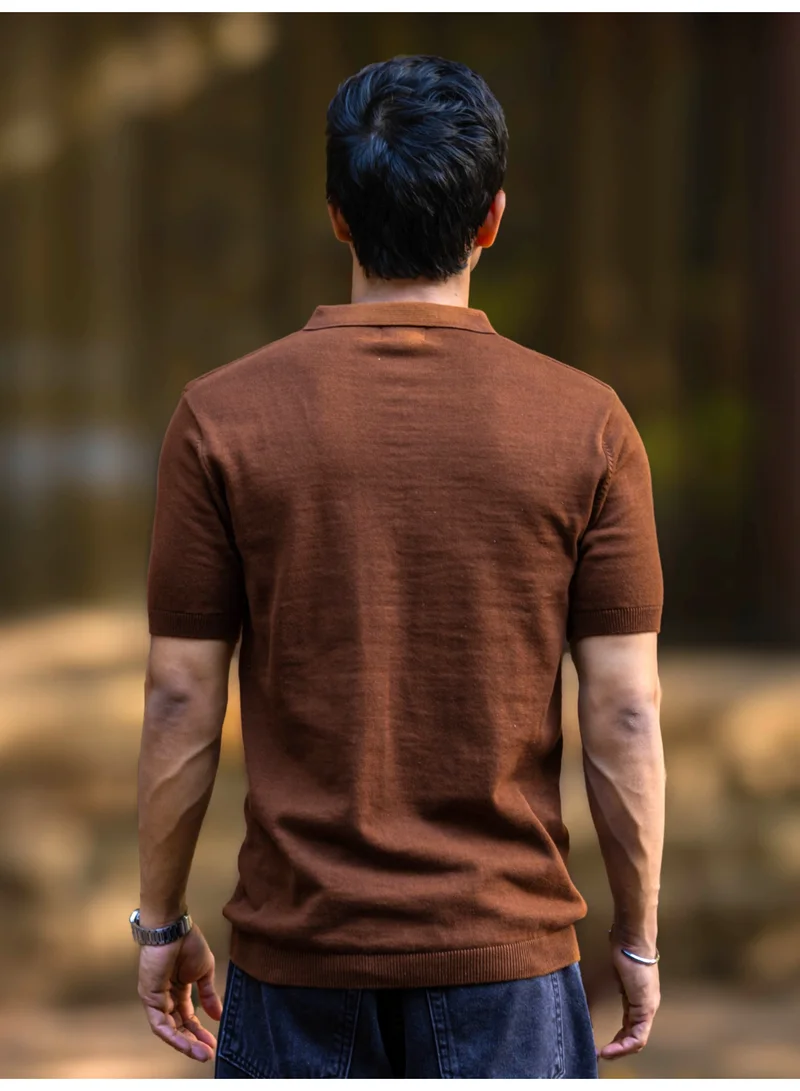 Maniac  Maniac Mens textured half zipper half sleeve polo neck brown slim fit t-shirt for Men | Best Price UAE