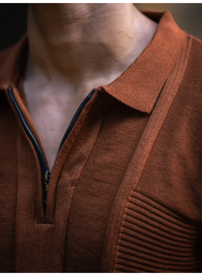 Maniac  Maniac Mens textured half zipper half sleeve polo neck brown slim fit t-shirt for Men | Best Price UAE