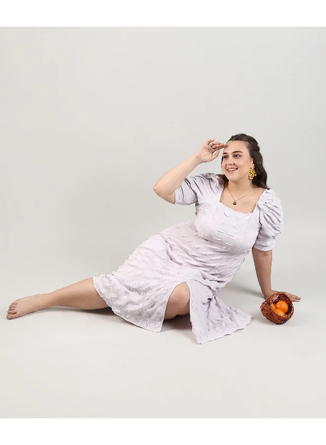Instafab Plus Women's Lilac Creased Midi Dress For Casual Wear | Square Neck | Short Sleeve | Pull On Closure | Plus-Size Dress Crafted With Comfort With For Everyday Wear