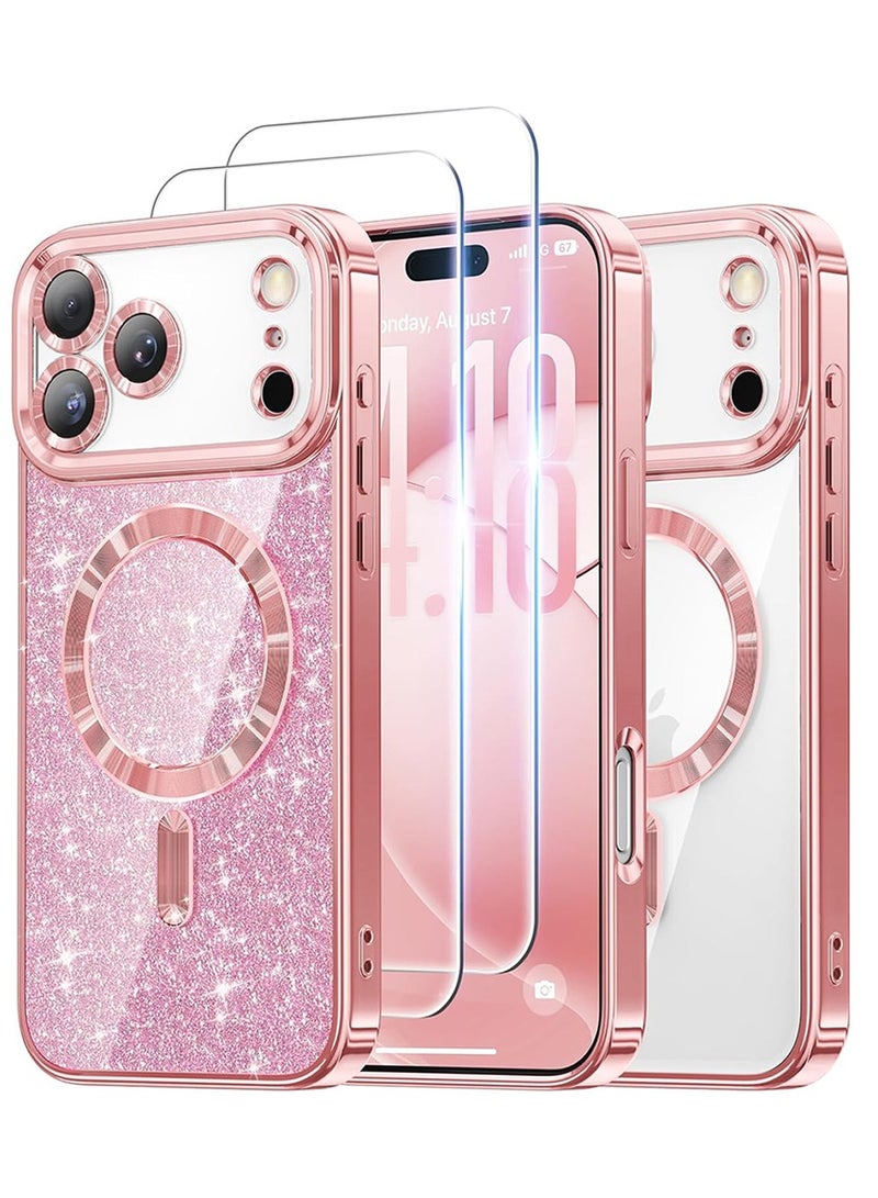 iPhone 17 Pro Max Case Cover, [Glitter Card ] [Compatible with MagSafe] [2X HD Screen Protectors] Surround Raised Lens Protection for 17 ProMax Phone Cover, Rose Gold - Image 1