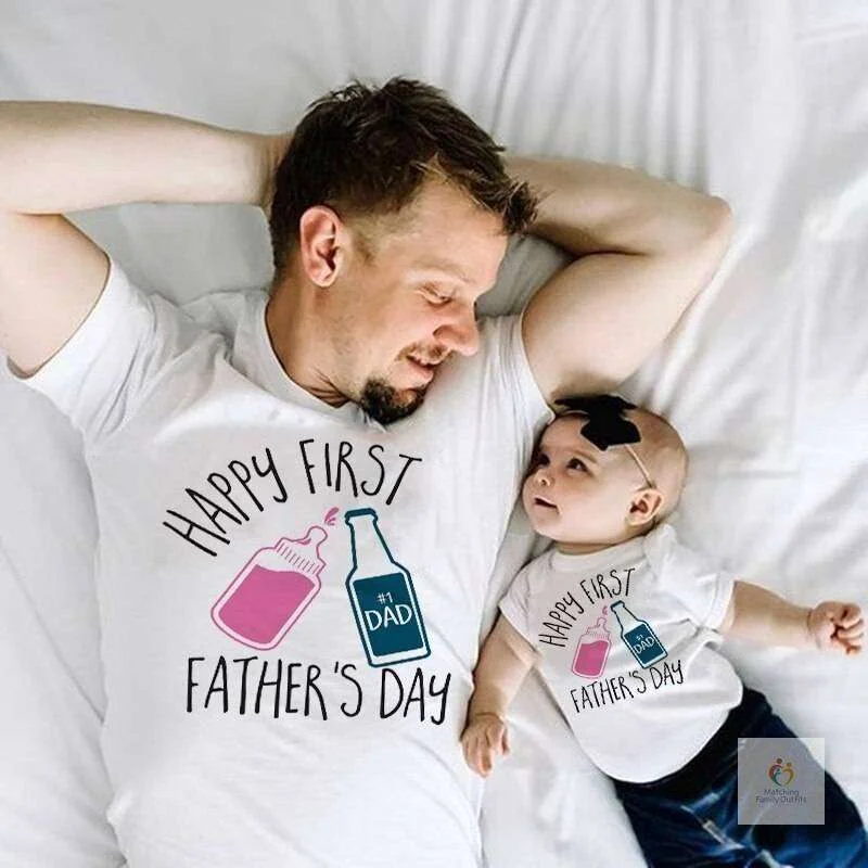 Matching Family Outfits Happy First Father’s Day Matching Outfit for Dad and Baby | Daddy and Me T Shirt Romper Set | Father Daughter Son Matching Clothes | New Dad Gift Set