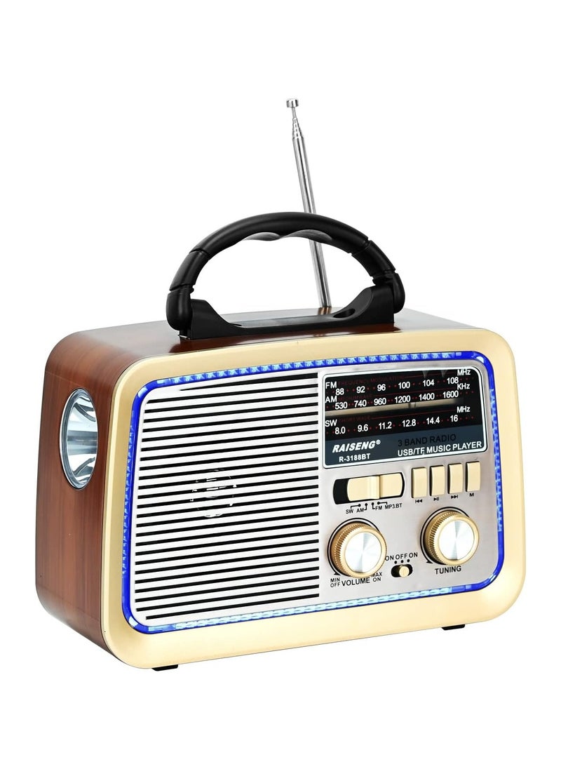 Generic - Retro Radio with Bluetooth, FM AM SW Kitchen Radio Retro Battery Radio Portable Nostalgia Radio Supports USB/TF/AUX Function, Torch for Household Emergencies - Image 1