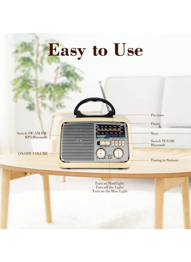 Generic - Retro Radio with Bluetooth, FM AM SW Kitchen Radio Retro Battery Radio Portable Nostalgia Radio Supports USB/TF/AUX Function, Torch for Household Emergencies - Image 1