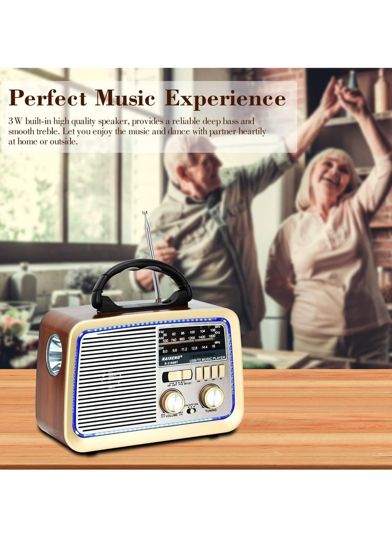 Generic - Retro Radio with Bluetooth, FM AM SW Kitchen Radio Retro Battery Radio Portable Nostalgia Radio Supports USB/TF/AUX Function, Torch for Household Emergencies - Image 1