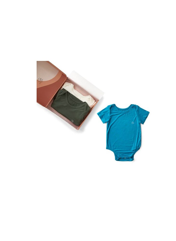 Anvi Baby Set of 3 Organic Bamboo Spandex Bodysuit- Gift set 3-6m	Blue/White/ Dark Green  - Image 2