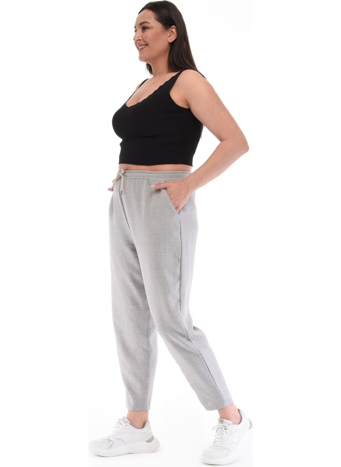 Cedy Denim - Women's Plus Size Synthetic Linen High Waist Elastic Skinny Leg Mom Pants C611 - Image 1