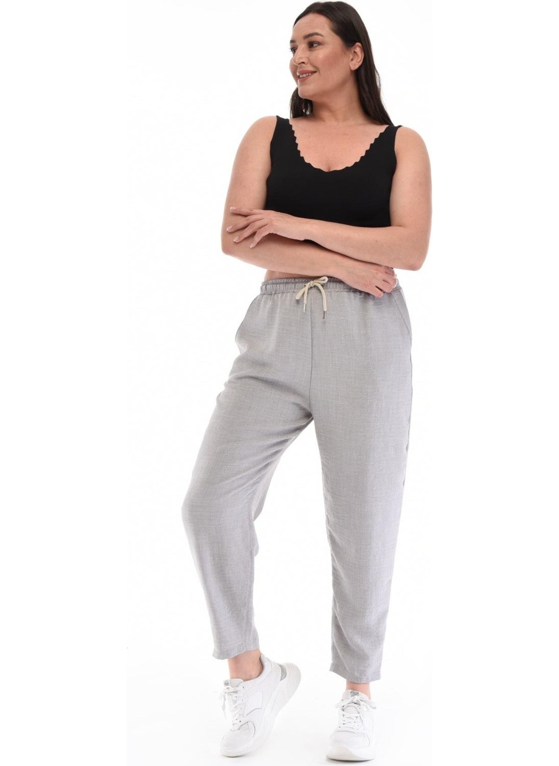 Cedy Denim - Women's Plus Size Synthetic Linen High Waist Elastic Skinny Leg Mom Pants C611 - Image 1