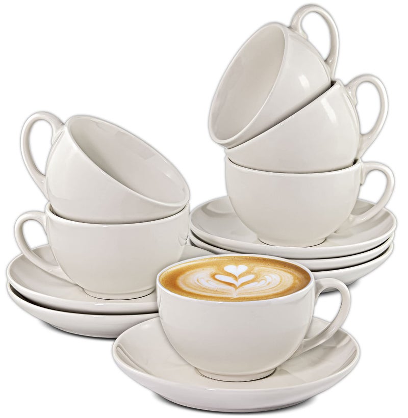 Cosumy 6 White Ceramic Cappuccino Cups with Saucers 180 ml with Gift Box Dishwasher Safe