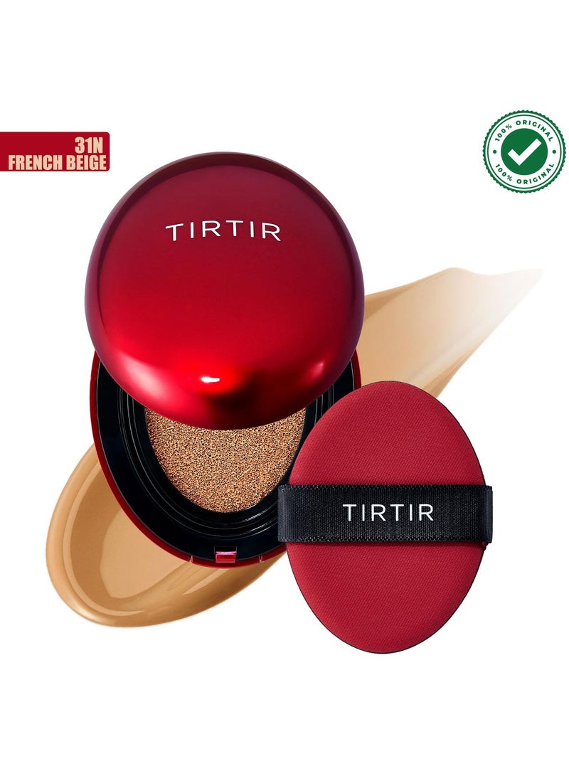 ترتر كريم أساس TIRTIR Mask Fit Red Cushion، تغطية كاملة، خفيف الوزن، ملائم للبشرة، لمسة نهائية لامعة من الساتان، كريم أساس مكياج كوري (31N بيج فرنسي، 0.63 أونصة سائلة) - Image 1