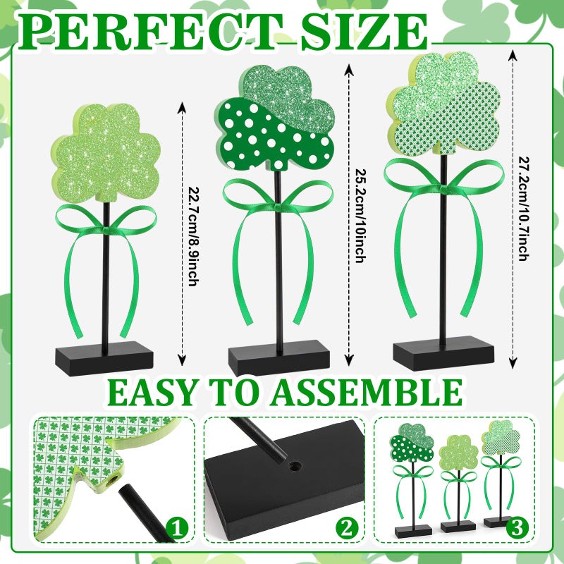Hedeey 3 Pieces St. Patrick's Day Tiered Tray Decor, St. Patrick's Table Decor Shamrock Wooden Set, Irish-Themed Shamrock Decor, Green Lucky Shamrocks for Home Decor (Light Green) - Image 2