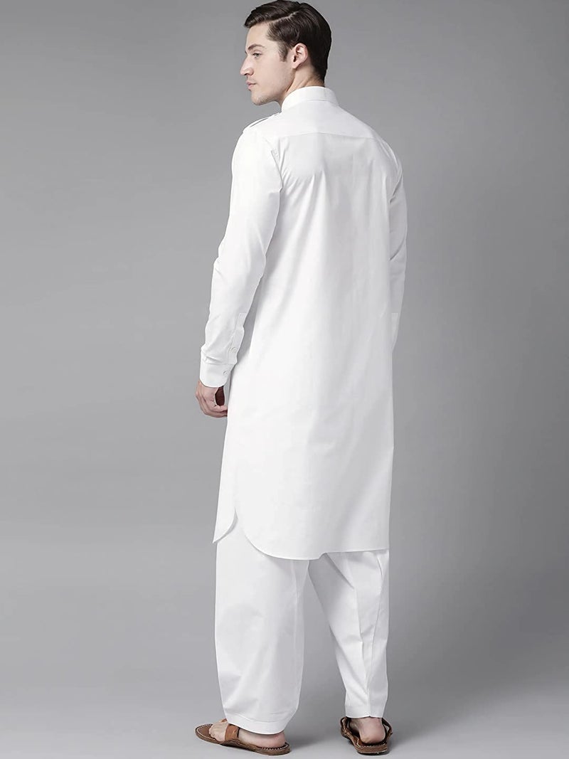 See Designs Men's Solid Cotton Curved Hemline Pathani Kurta with Salwar | SDKT601M - Image 2