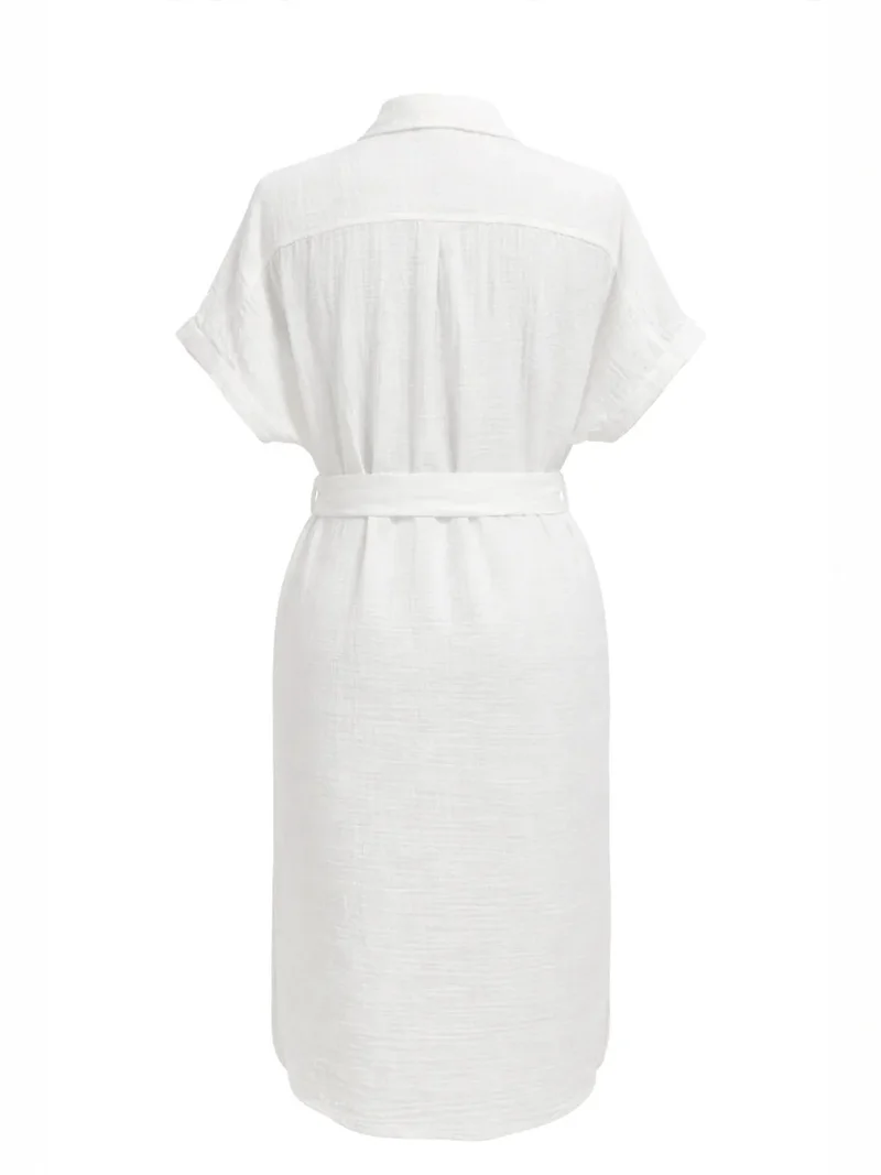 Mixray White Mixray Belted Short-Sleeve Midi Dress for Women | Best Price UAE