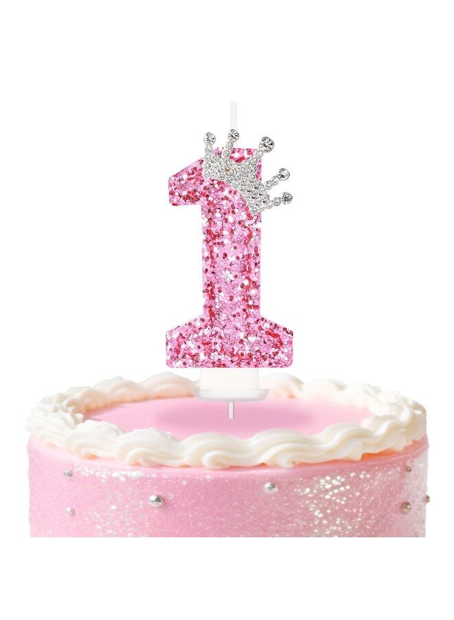 LAMAY Birthday Number Candles,Pink Crown Birthday Candles for Cake,Glitter Number 1 Candle Cake Topper with Sequins for Girls,Women, Anniversary Celebrations Supplies (Pink 1) - Image 1