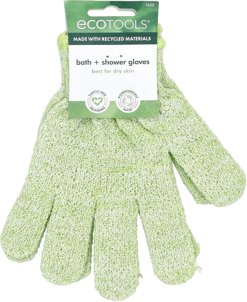 EcoTools Bath & Shower Gloves - Exfoliating and Gentle Cleansing for Dry Skin, Recycled Netting, Green, 1 Pair - Image 1