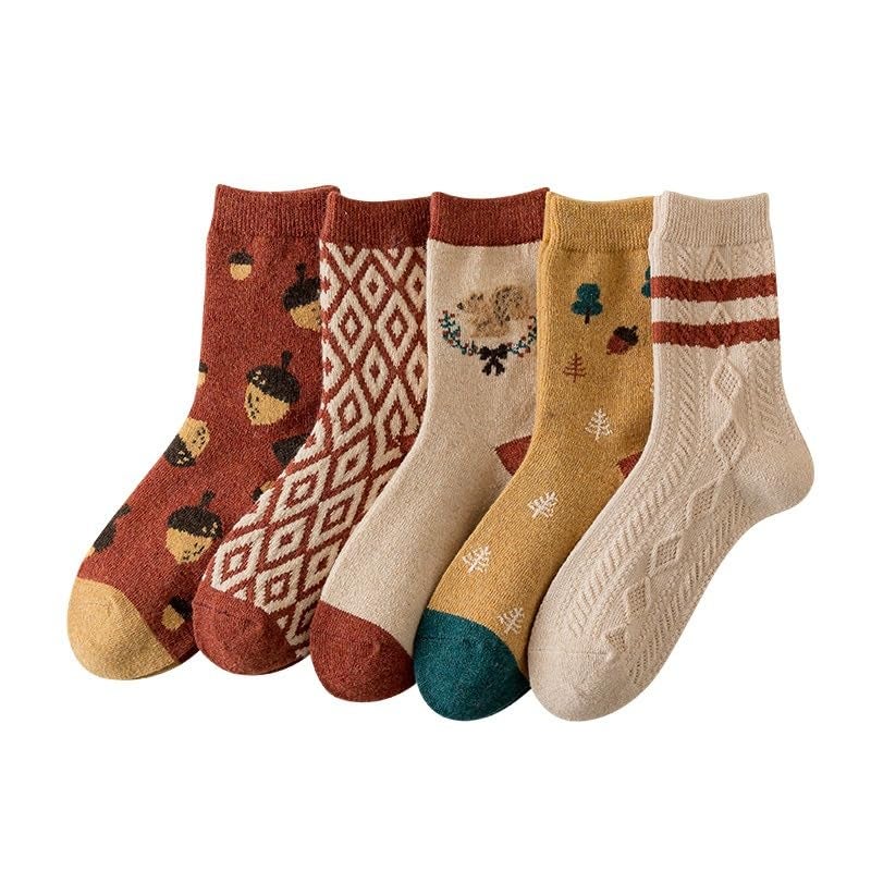 FORJMMP 5/10 Pairs Wool Socks for Women Thick Knit Vintage Cute Floral Crew Socks (5 Pairs-Acorn) - Image 1