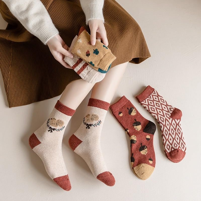 FORJMMP 5/10 Pairs Wool Socks for Women Thick Knit Vintage Cute Floral Crew Socks (5 Pairs-Acorn) - Image 3