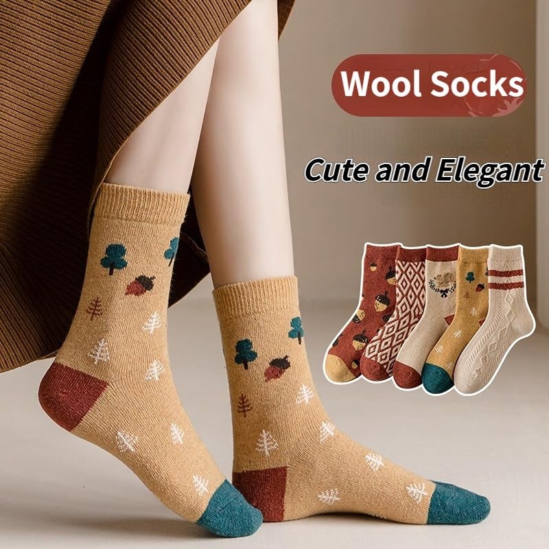 FORJMMP 5/10 Pairs Wool Socks for Women Thick Knit Vintage Cute Floral Crew Socks (5 Pairs-Acorn) - Image 4