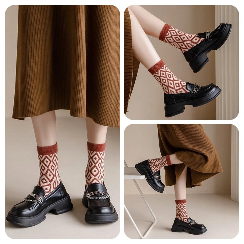FORJMMP 5/10 Pairs Wool Socks for Women Thick Knit Vintage Cute Floral Crew Socks (5 Pairs-Acorn) - Image 2