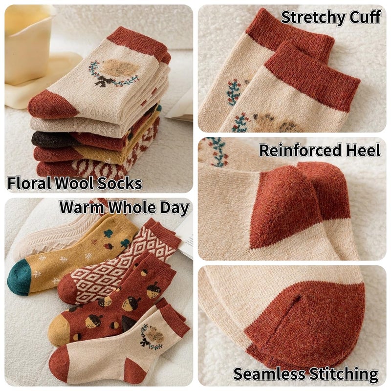 FORJMMP 5/10 Pairs Wool Socks for Women Thick Knit Vintage Cute Floral Crew Socks (5 Pairs-Acorn) - Image 5