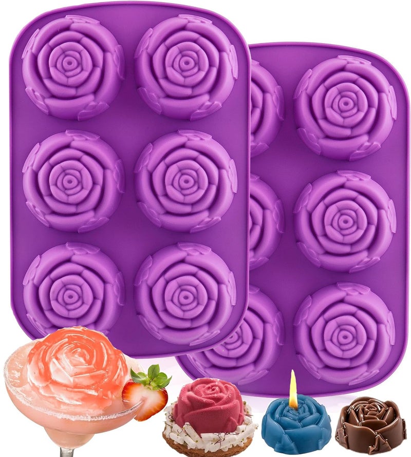 Bamutu 2 Pack Rose Silicone Molds 6 Cavity Large Rose Flower Mold for Chocolate, Candy, Cupcakes, Pudding, Muffins, Ice Cube, Resin & Candle Soap DIY, Food Grade Non-Stick Flexible Bakeware (Purple) - Image 1