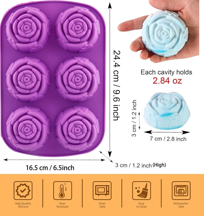 Bamutu 2 Pack Rose Silicone Molds 6 Cavity Large Rose Flower Mold for Chocolate, Candy, Cupcakes, Pudding, Muffins, Ice Cube, Resin & Candle Soap DIY, Food Grade Non-Stick Flexible Bakeware (Purple) - Image 2