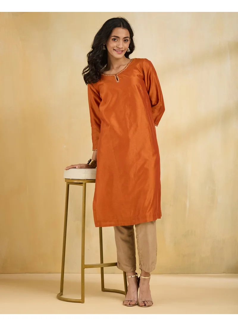 فاب انديا Orange Cotton Silk Embroidered Knee Length Kurta