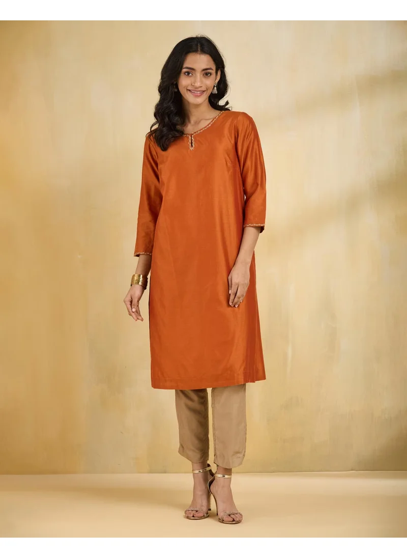 فاب انديا Orange Cotton Silk Embroidered Knee Length Kurta