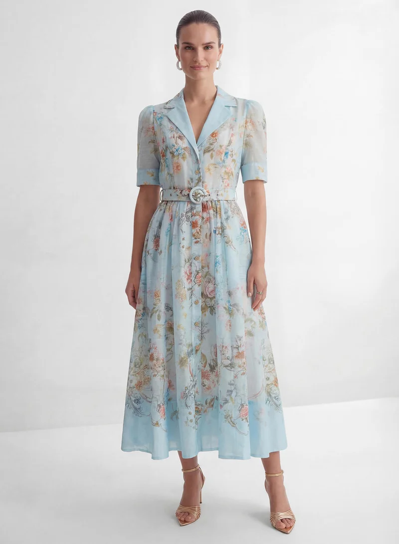 سنفير Garden Girl Moment Blue Floral Print Short Sleeve Maxi Dress