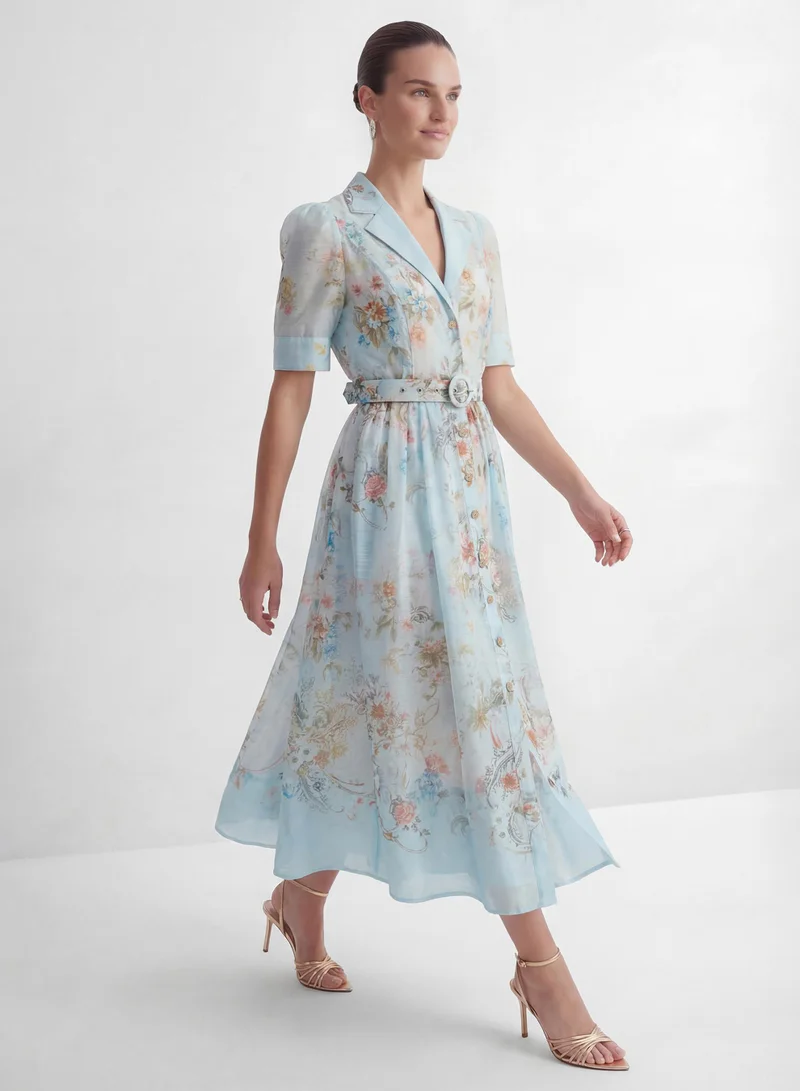 سنفير Garden Girl Moment Blue Floral Print Short Sleeve Maxi Dress