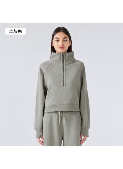 Generic Fleece-Lined High Collar Sweatshirt Women earthy gray 