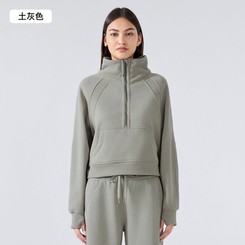 Generic Fleece-Lined High Collar Sweatshirt Women earthy gray